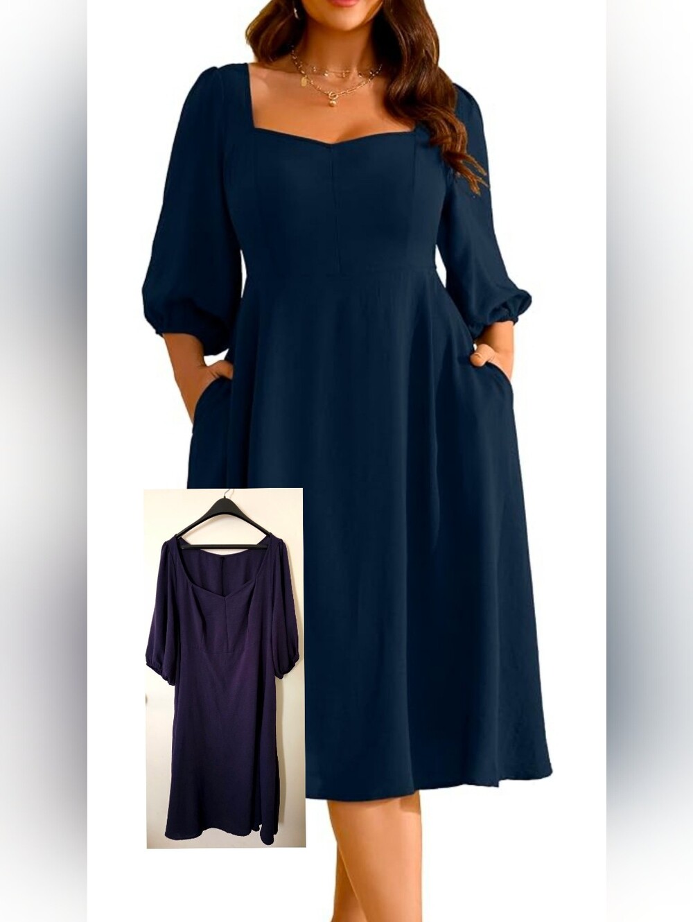 RWJ Navy Solid Sweetheart Neck 3/4 Balloon Sleeve Midi Dress w/Pockets Sizs 2XL